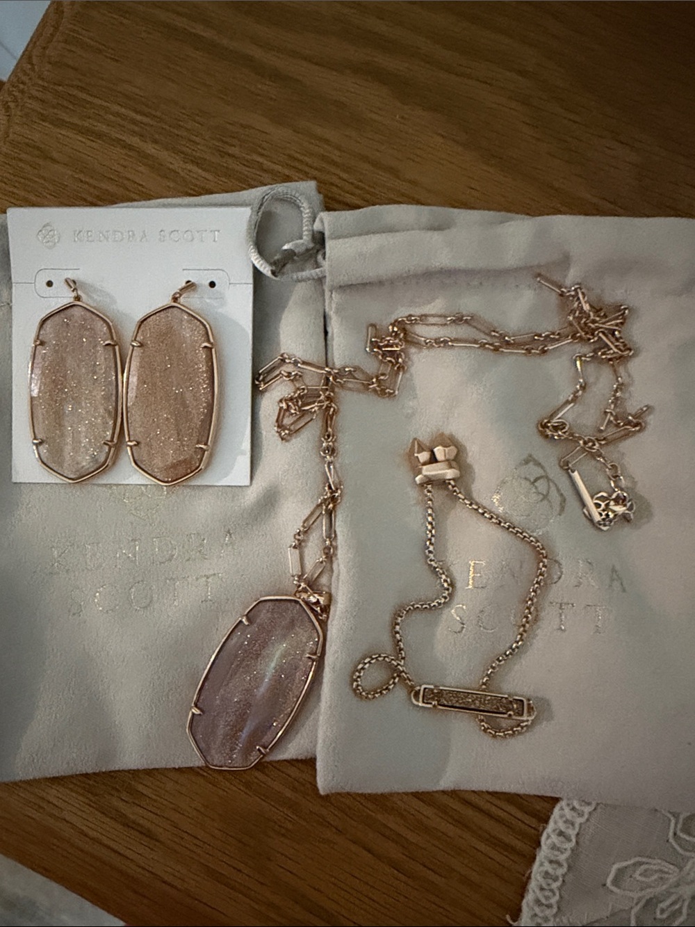Kendra Scott Rose Gold Sparkling Blush Pink Druzy Earrings, Necklace, Bracelet